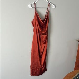 Amazon Rust Satin Cowl Midi Dress